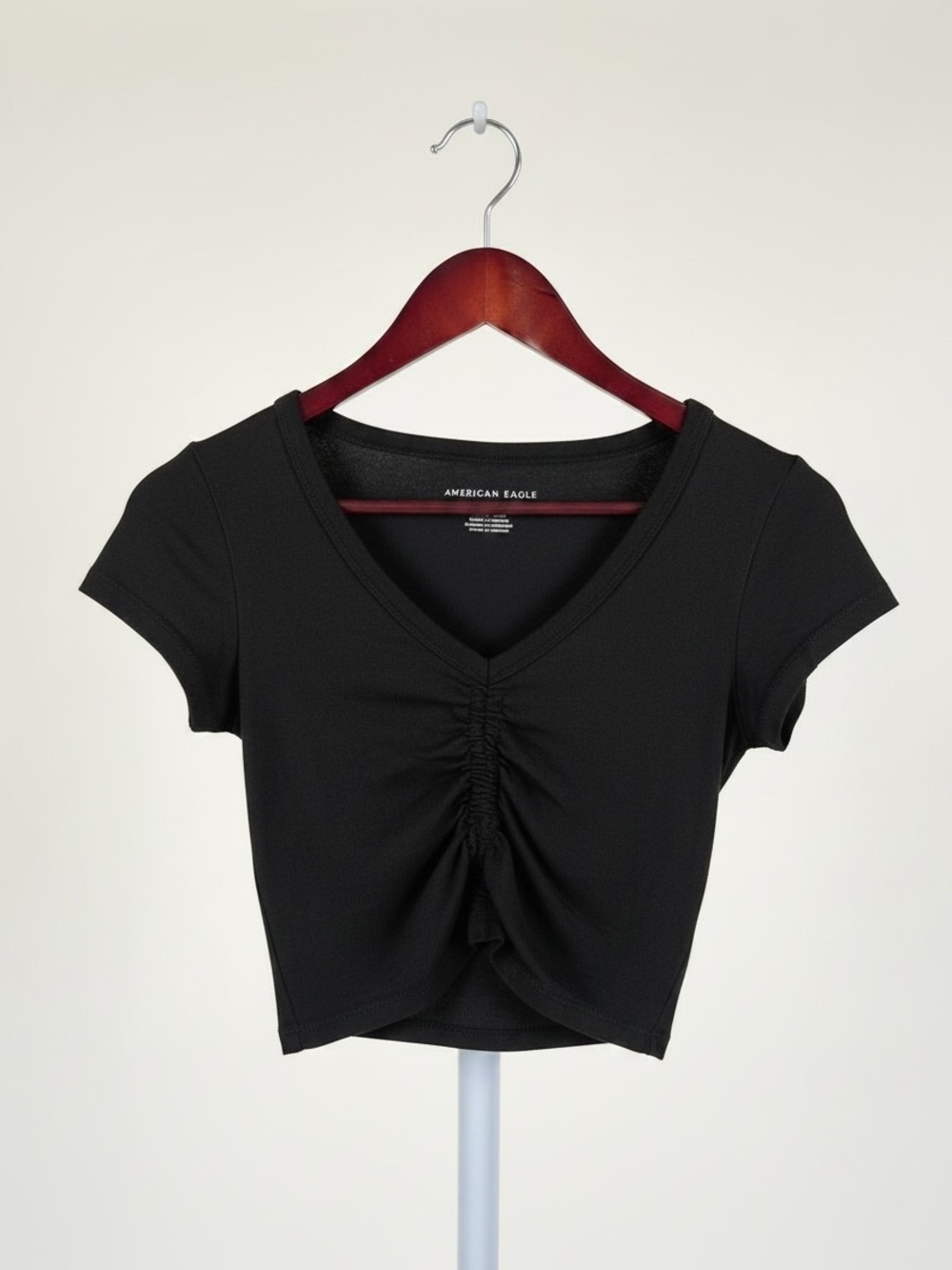 American Eagle Outfitters Black Ruched V-Neck Crop Tee